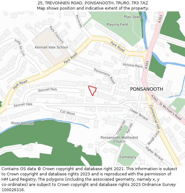 25, TREVONNEN ROAD, PONSANOOTH, TRURO, TR3 7AZ: Location map and indicative extent of plot