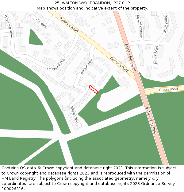 25, WALTON WAY, BRANDON, IP27 0HP: Location map and indicative extent of plot