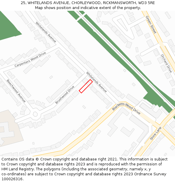 25, WHITELANDS AVENUE, CHORLEYWOOD, RICKMANSWORTH, WD3 5RE: Location map and indicative extent of plot