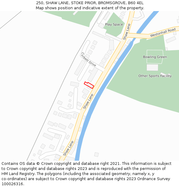 250, SHAW LANE, STOKE PRIOR, BROMSGROVE, B60 4EL: Location map and indicative extent of plot