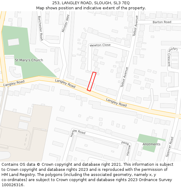 253, LANGLEY ROAD, SLOUGH, SL3 7EQ: Location map and indicative extent of plot