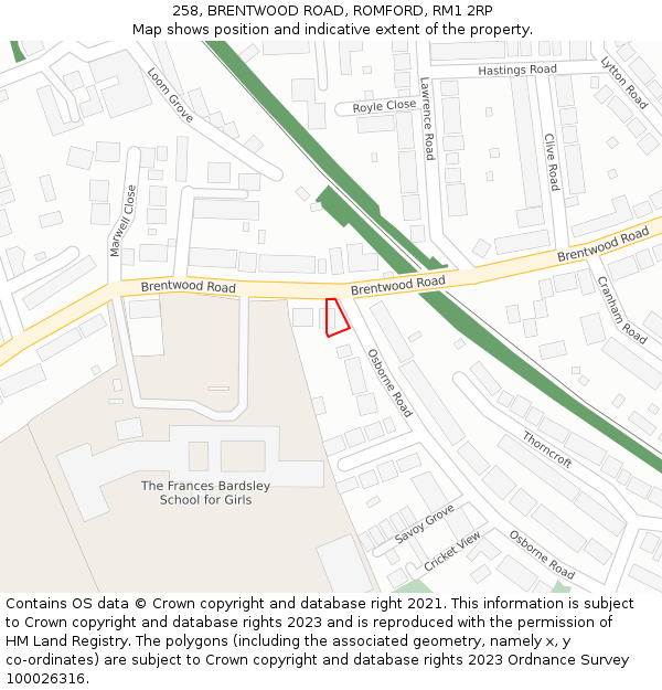 258, BRENTWOOD ROAD, ROMFORD, RM1 2RP: Location map and indicative extent of plot