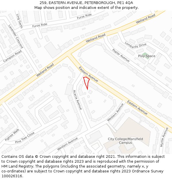 259, EASTERN AVENUE, PETERBOROUGH, PE1 4QA: Location map and indicative extent of plot