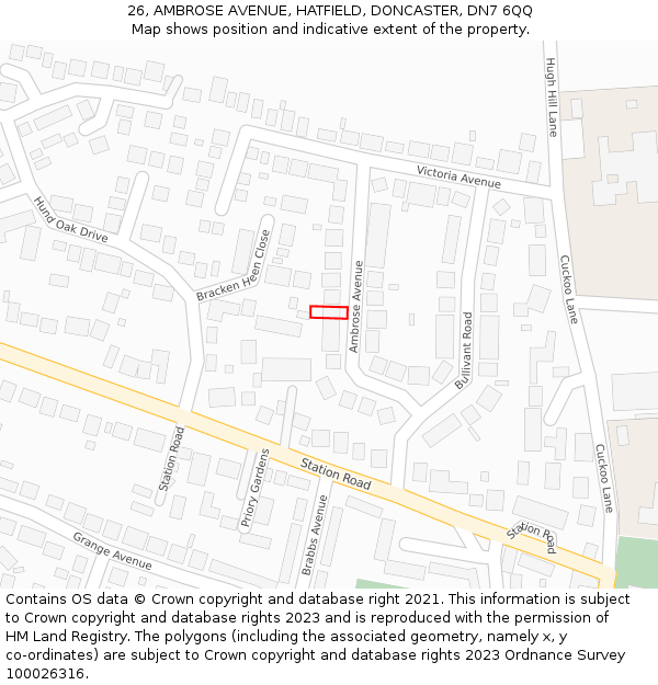 26, AMBROSE AVENUE, HATFIELD, DONCASTER, DN7 6QQ: Location map and indicative extent of plot