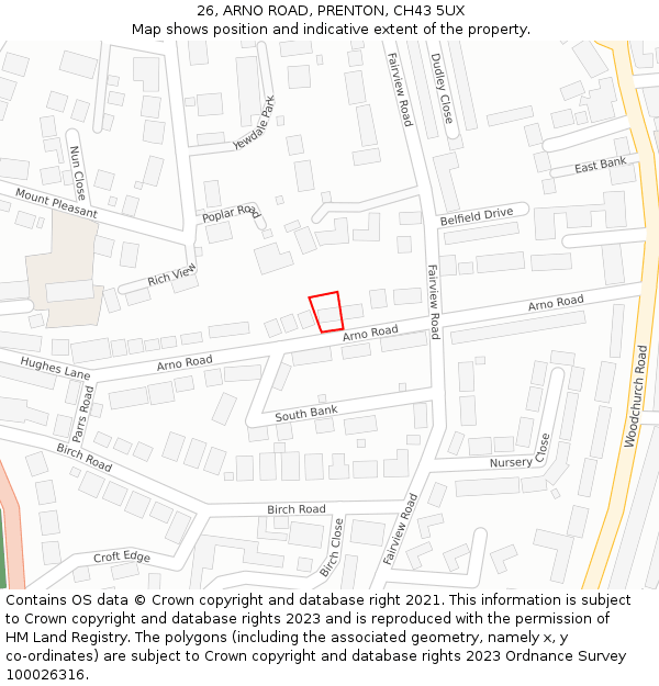 26, ARNO ROAD, PRENTON, CH43 5UX: Location map and indicative extent of plot