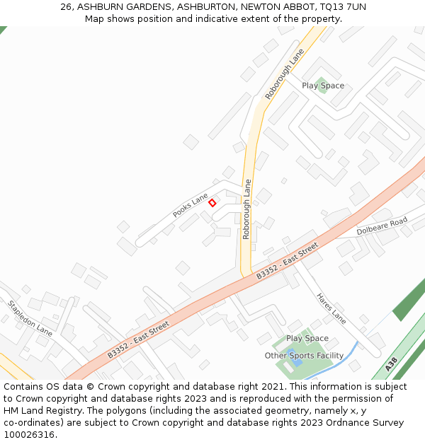 26, ASHBURN GARDENS, ASHBURTON, NEWTON ABBOT, TQ13 7UN: Location map and indicative extent of plot