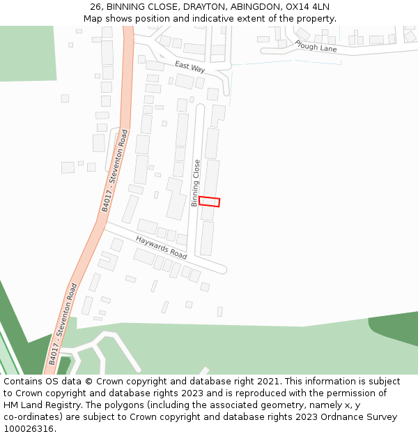 26, BINNING CLOSE, DRAYTON, ABINGDON, OX14 4LN: Location map and indicative extent of plot