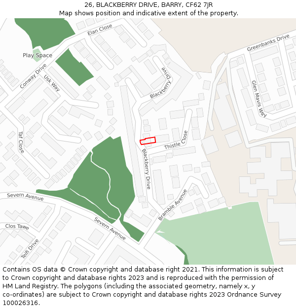 26, BLACKBERRY DRIVE, BARRY, CF62 7JR: Location map and indicative extent of plot