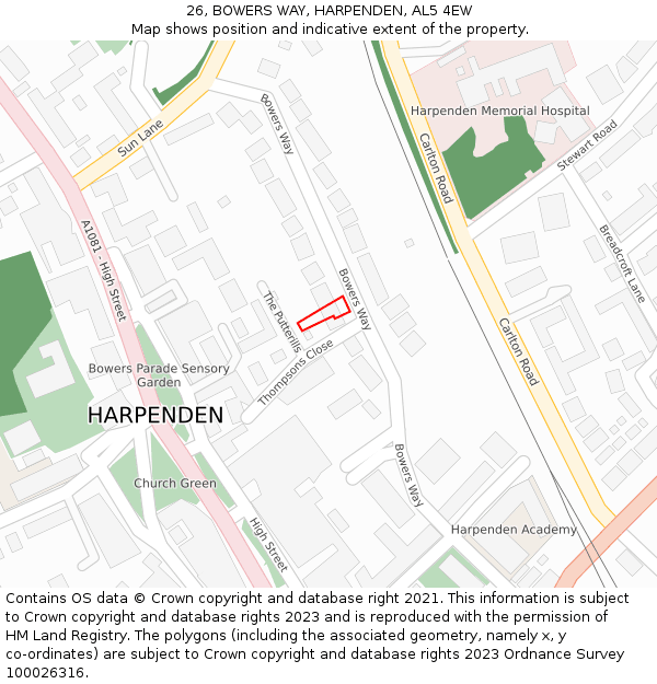 26, BOWERS WAY, HARPENDEN, AL5 4EW: Location map and indicative extent of plot