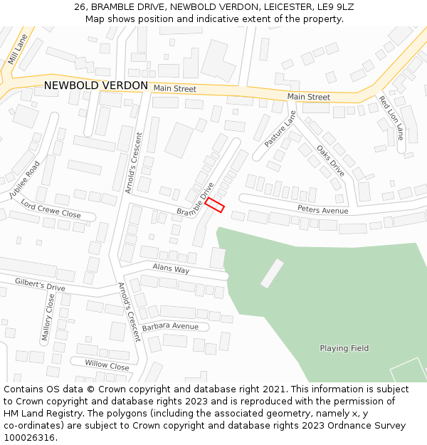26, BRAMBLE DRIVE, NEWBOLD VERDON, LEICESTER, LE9 9LZ: Location map and indicative extent of plot