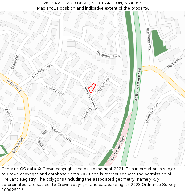 26, BRASHLAND DRIVE, NORTHAMPTON, NN4 0SS: Location map and indicative extent of plot