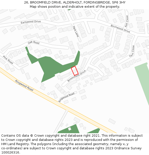 26, BROOMFIELD DRIVE, ALDERHOLT, FORDINGBRIDGE, SP6 3HY: Location map and indicative extent of plot