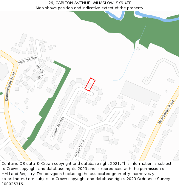 26, CARLTON AVENUE, WILMSLOW, SK9 4EP: Location map and indicative extent of plot