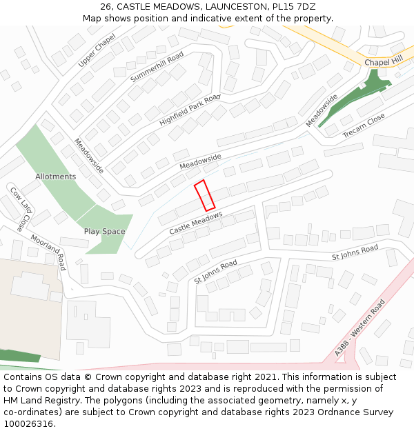 26, CASTLE MEADOWS, LAUNCESTON, PL15 7DZ: Location map and indicative extent of plot