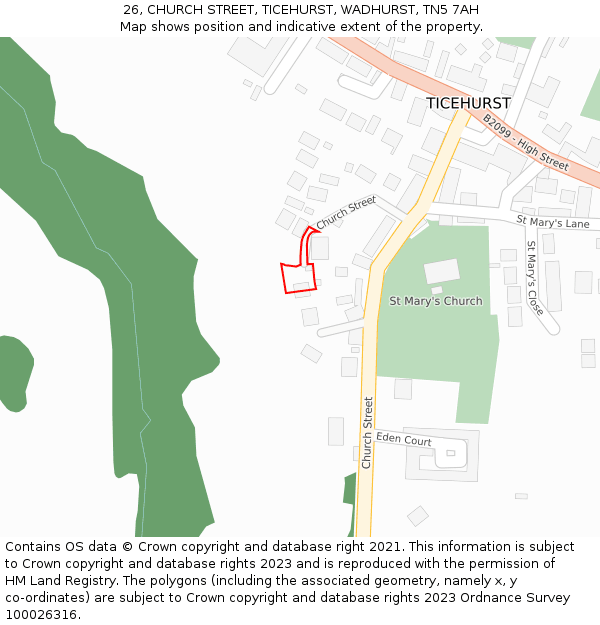 26, CHURCH STREET, TICEHURST, WADHURST, TN5 7AH: Location map and indicative extent of plot
