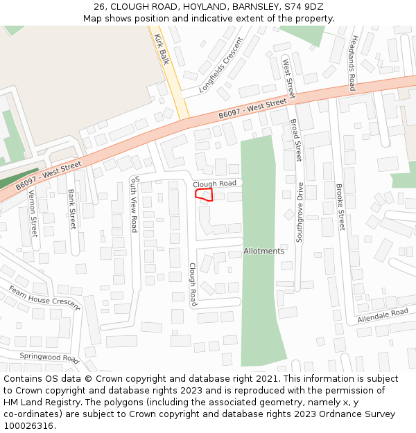 26, CLOUGH ROAD, HOYLAND, BARNSLEY, S74 9DZ: Location map and indicative extent of plot