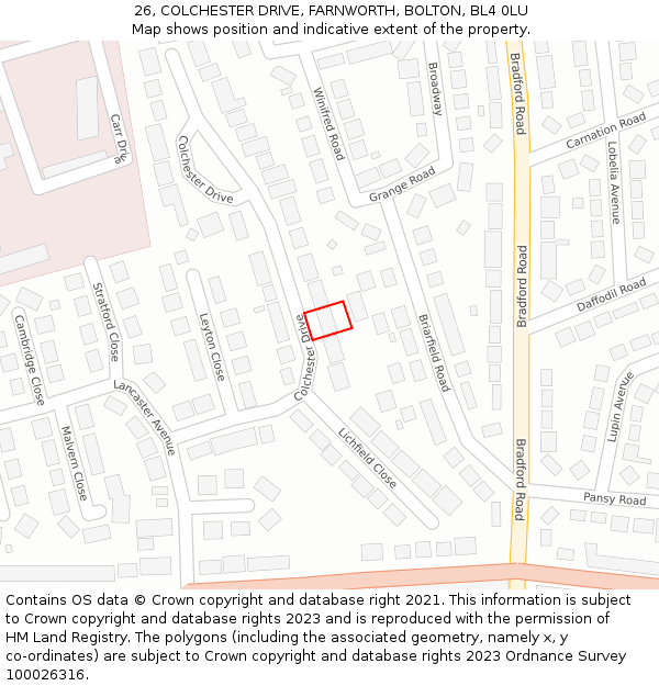 26, COLCHESTER DRIVE, FARNWORTH, BOLTON, BL4 0LU: Location map and indicative extent of plot