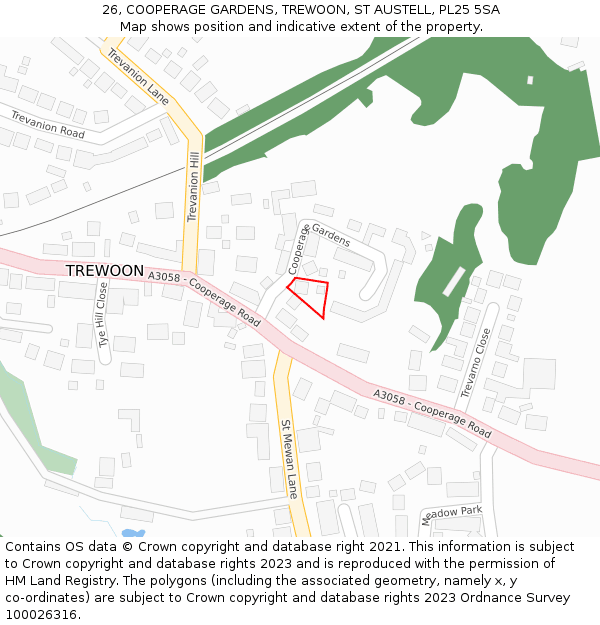 26, COOPERAGE GARDENS, TREWOON, ST AUSTELL, PL25 5SA: Location map and indicative extent of plot