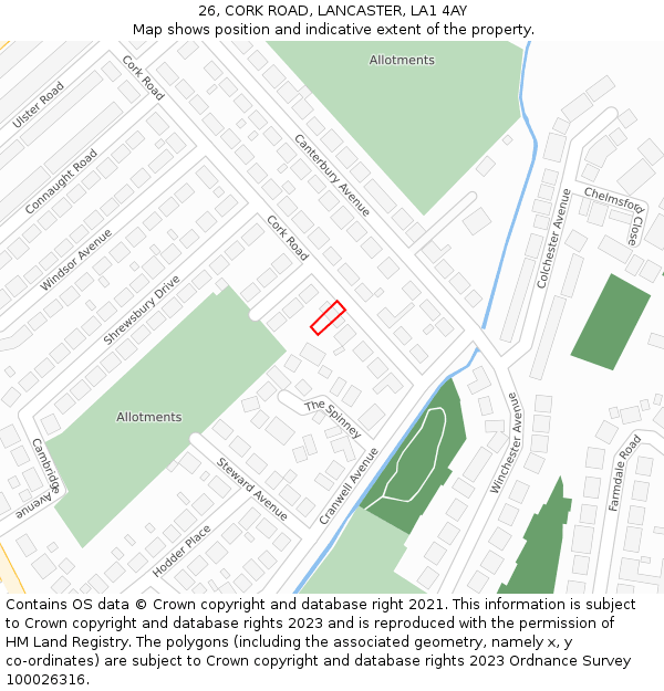 26, CORK ROAD, LANCASTER, LA1 4AY: Location map and indicative extent of plot
