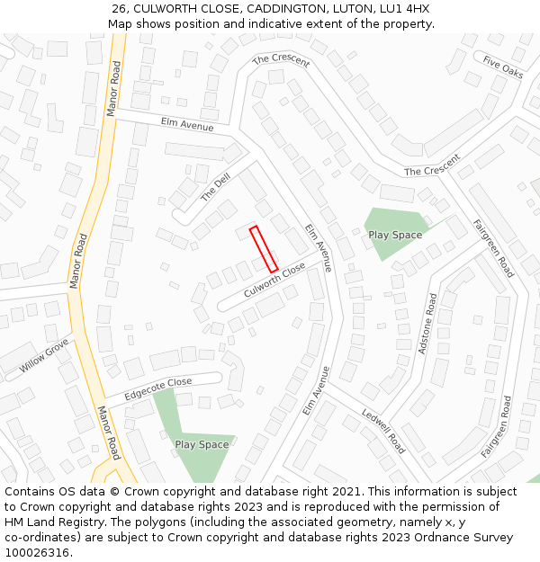 26, CULWORTH CLOSE, CADDINGTON, LUTON, LU1 4HX: Location map and indicative extent of plot