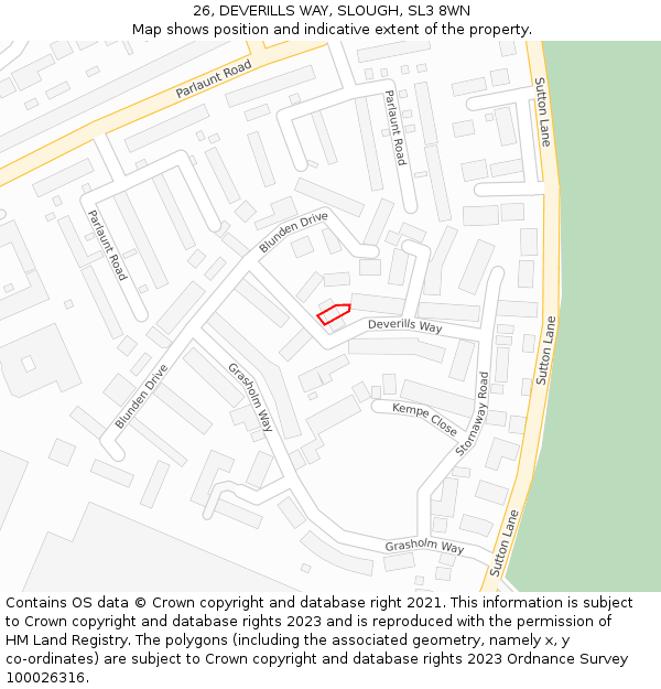 26, DEVERILLS WAY, SLOUGH, SL3 8WN: Location map and indicative extent of plot