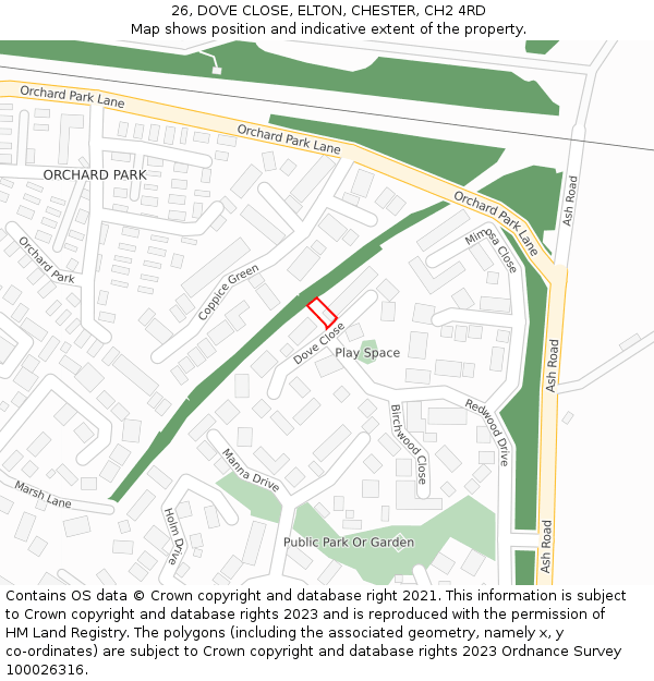 26, DOVE CLOSE, ELTON, CHESTER, CH2 4RD: Location map and indicative extent of plot