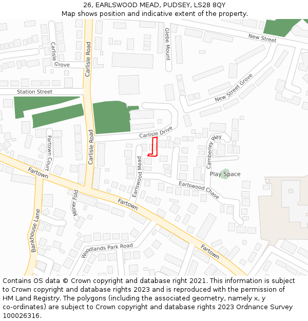 26, EARLSWOOD MEAD, PUDSEY, LS28 8QY: Location map and indicative extent of plot