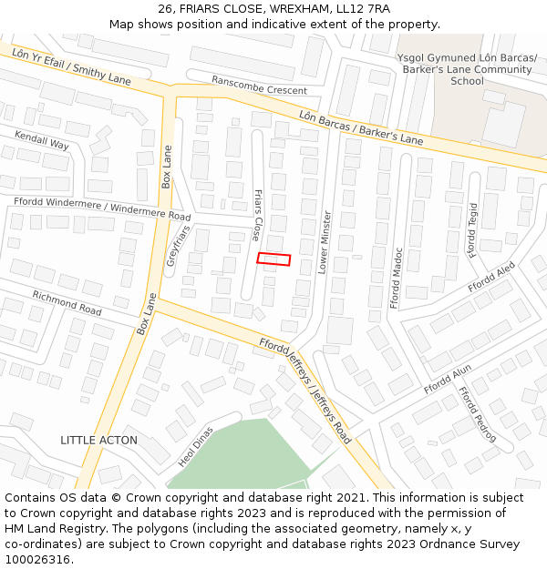 26, FRIARS CLOSE, WREXHAM, LL12 7RA: Location map and indicative extent of plot