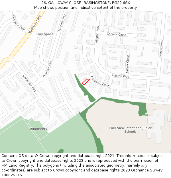 26, GALLOWAY CLOSE, BASINGSTOKE, RG22 6SX: Location map and indicative extent of plot