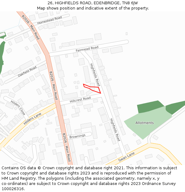26, HIGHFIELDS ROAD, EDENBRIDGE, TN8 6JW: Location map and indicative extent of plot