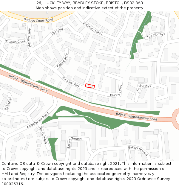 26, HUCKLEY WAY, BRADLEY STOKE, BRISTOL, BS32 8AR: Location map and indicative extent of plot