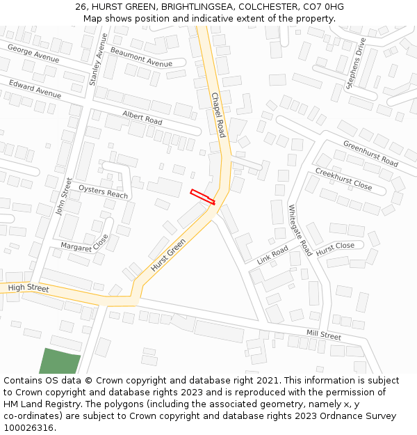 26, HURST GREEN, BRIGHTLINGSEA, COLCHESTER, CO7 0HG: Location map and indicative extent of plot