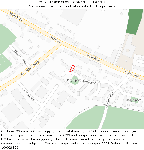 26, KENDRICK CLOSE, COALVILLE, LE67 3LR: Location map and indicative extent of plot