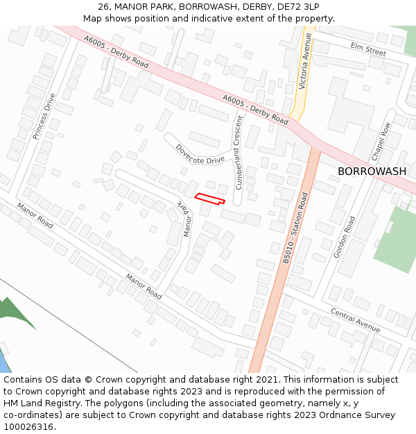 26, MANOR PARK, BORROWASH, DERBY, DE72 3LP: Location map and indicative extent of plot