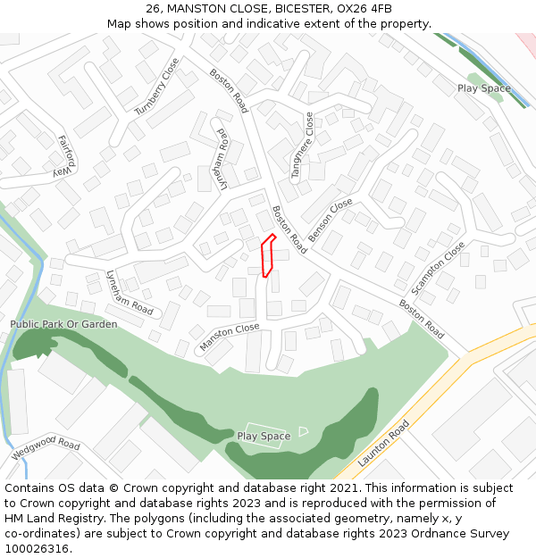 26, MANSTON CLOSE, BICESTER, OX26 4FB: Location map and indicative extent of plot