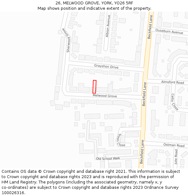 26, MELWOOD GROVE, YORK, YO26 5RF: Location map and indicative extent of plot