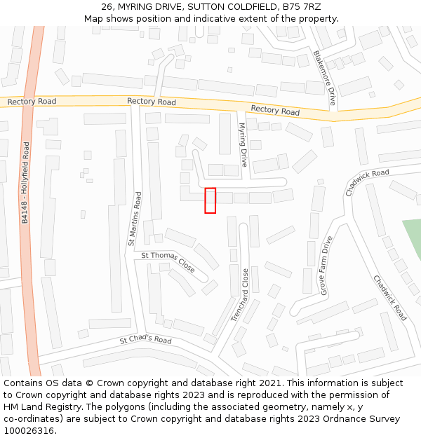 26, MYRING DRIVE, SUTTON COLDFIELD, B75 7RZ: Location map and indicative extent of plot