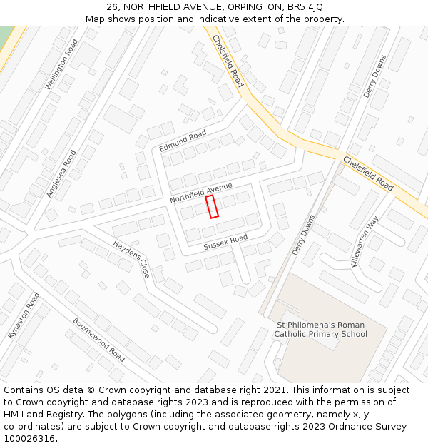 26, NORTHFIELD AVENUE, ORPINGTON, BR5 4JQ: Location map and indicative extent of plot