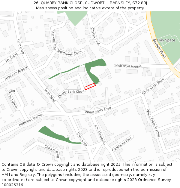 26, QUARRY BANK CLOSE, CUDWORTH, BARNSLEY, S72 8BJ: Location map and indicative extent of plot