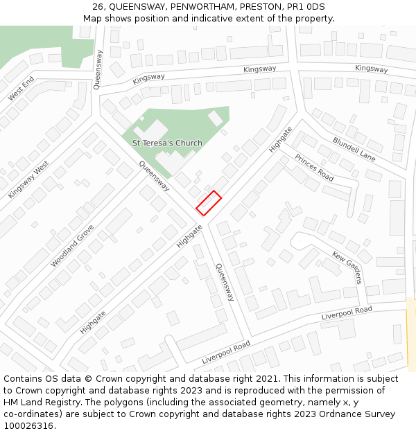 26, QUEENSWAY, PENWORTHAM, PRESTON, PR1 0DS: Location map and indicative extent of plot