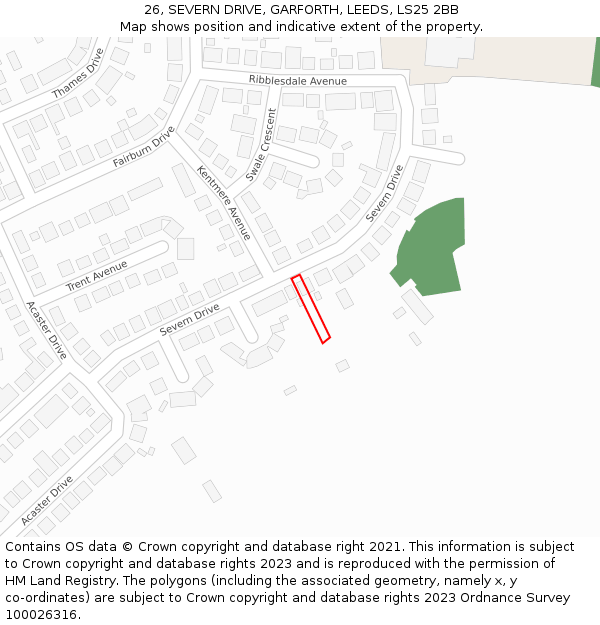 26, SEVERN DRIVE, GARFORTH, LEEDS, LS25 2BB: Location map and indicative extent of plot