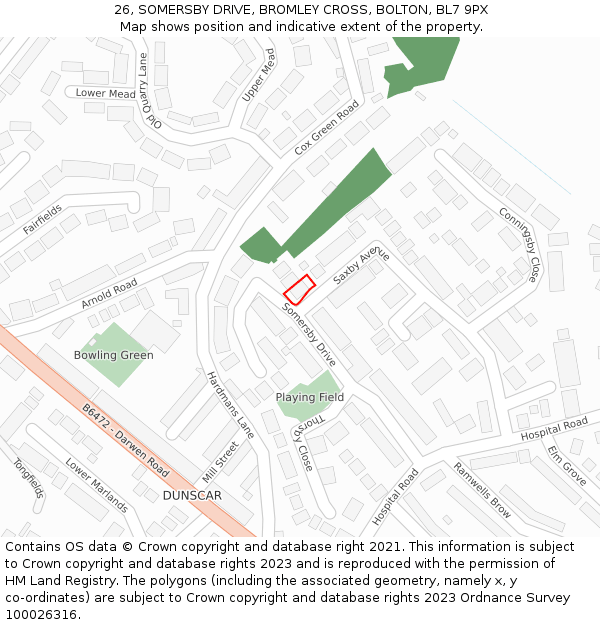 26, SOMERSBY DRIVE, BROMLEY CROSS, BOLTON, BL7 9PX: Location map and indicative extent of plot