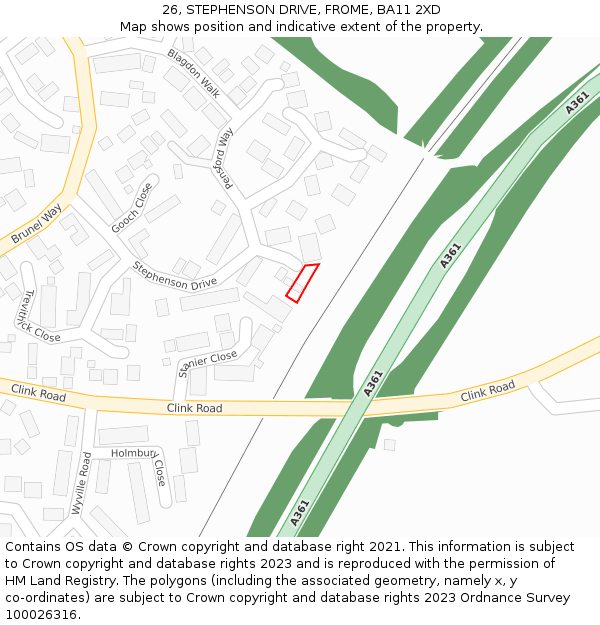 26, STEPHENSON DRIVE, FROME, BA11 2XD: Location map and indicative extent of plot