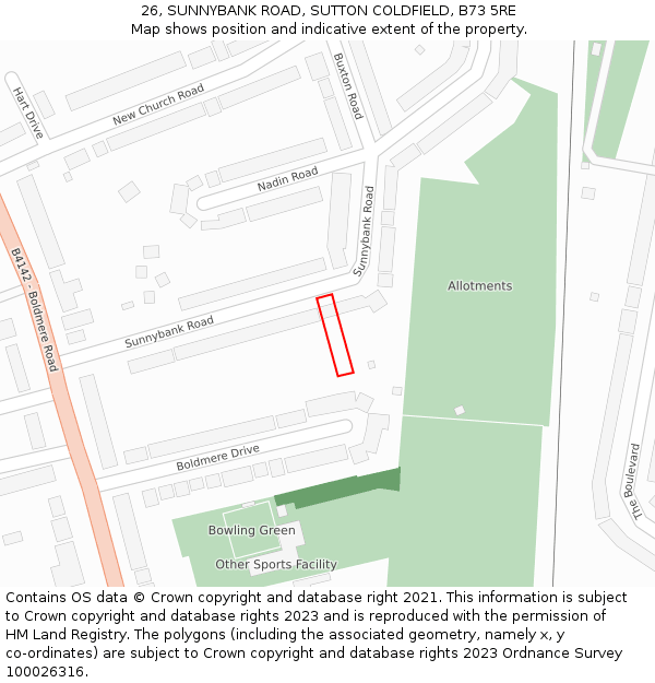 26, SUNNYBANK ROAD, SUTTON COLDFIELD, B73 5RE: Location map and indicative extent of plot