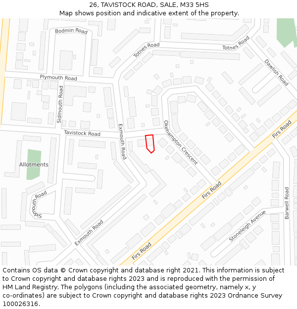 26, TAVISTOCK ROAD, SALE, M33 5HS: Location map and indicative extent of plot