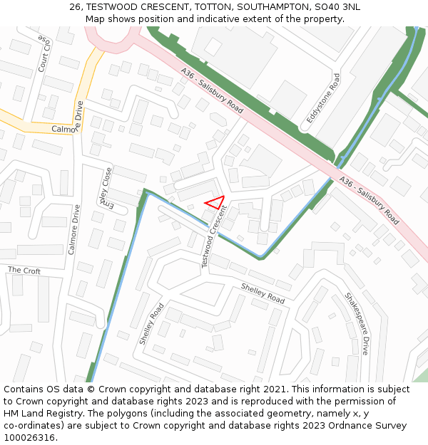 26, TESTWOOD CRESCENT, TOTTON, SOUTHAMPTON, SO40 3NL: Location map and indicative extent of plot