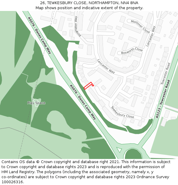 26, TEWKESBURY CLOSE, NORTHAMPTON, NN4 8NA: Location map and indicative extent of plot