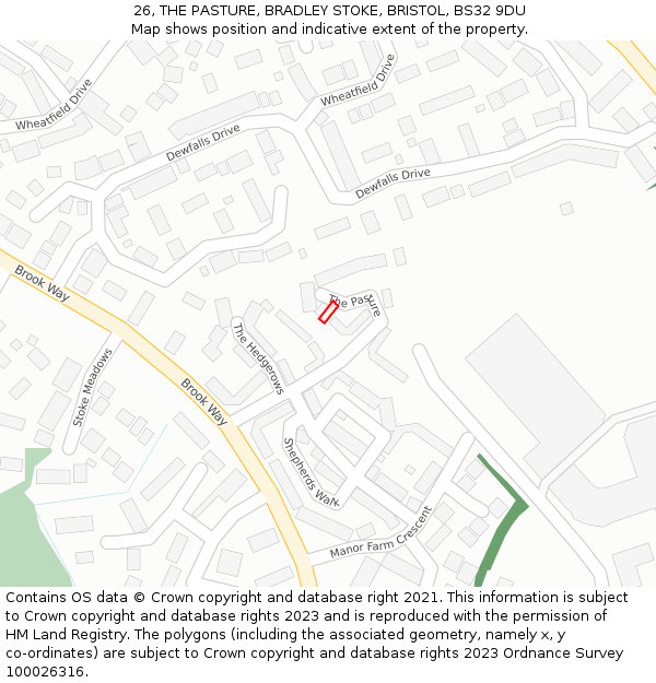 26, THE PASTURE, BRADLEY STOKE, BRISTOL, BS32 9DU: Location map and indicative extent of plot