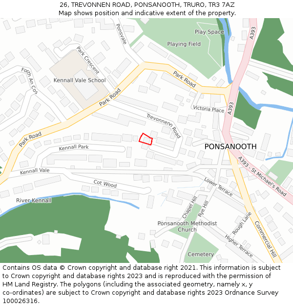 26, TREVONNEN ROAD, PONSANOOTH, TRURO, TR3 7AZ: Location map and indicative extent of plot