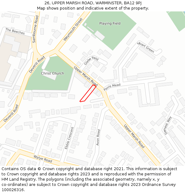 26, UPPER MARSH ROAD, WARMINSTER, BA12 9PJ: Location map and indicative extent of plot